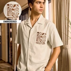 Men's Beige Embroidered Oversized Shirt