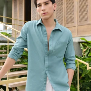 Men's Teal Blue Cotton Linen Shirt